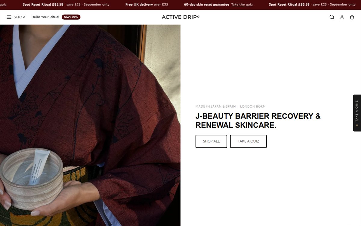 Active Drip skincare Shopify store homepage