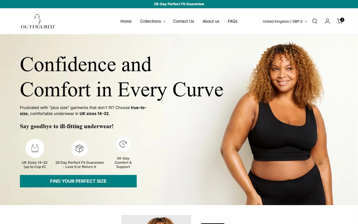Outfigured inclusive-size underwear Shopify store homepage